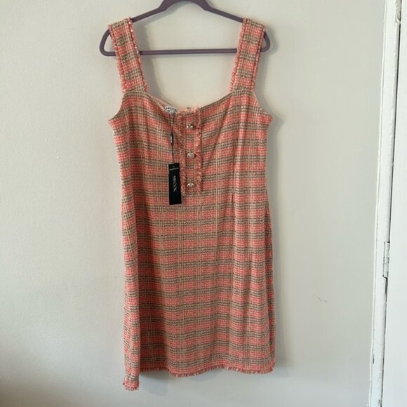 Misook Pink Fringe Trim Tweed Knit Sleeveless Mini A-Line Dress Size Large - Picture 3 of 6